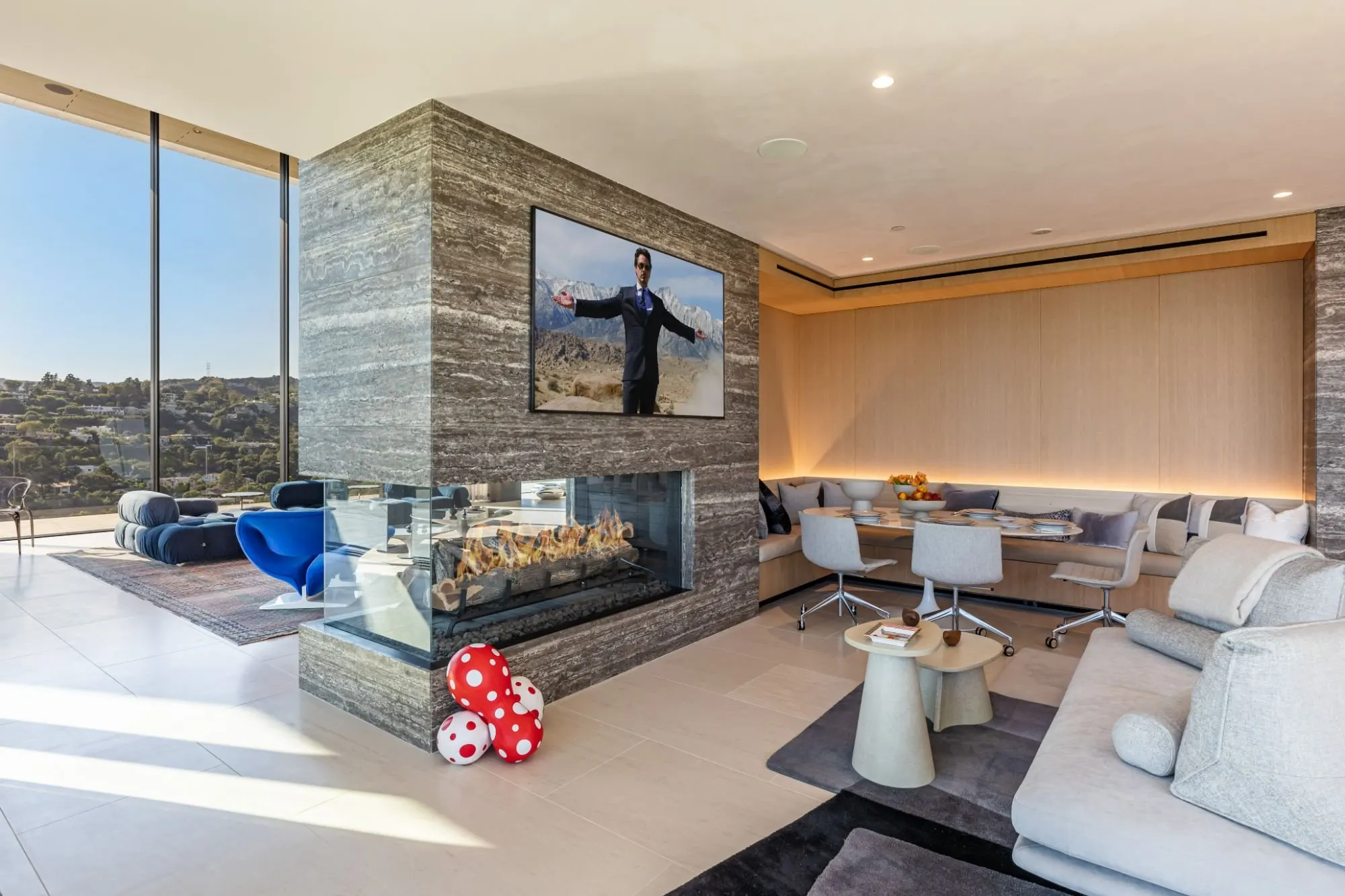 The Getty House — 684Firth Brentwood CA LA Great Room Stone Fireplace Breakfast Nook Floor to Ceiling Glass Ocean View  Modern H