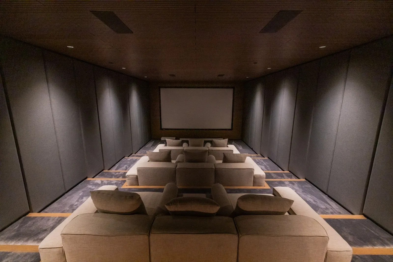The Getty House — 684Firth Brentwood CA LA Home Theater Acoustic Walls Tiered Seating Cinema Screen Wood Ceiling  Modern Home