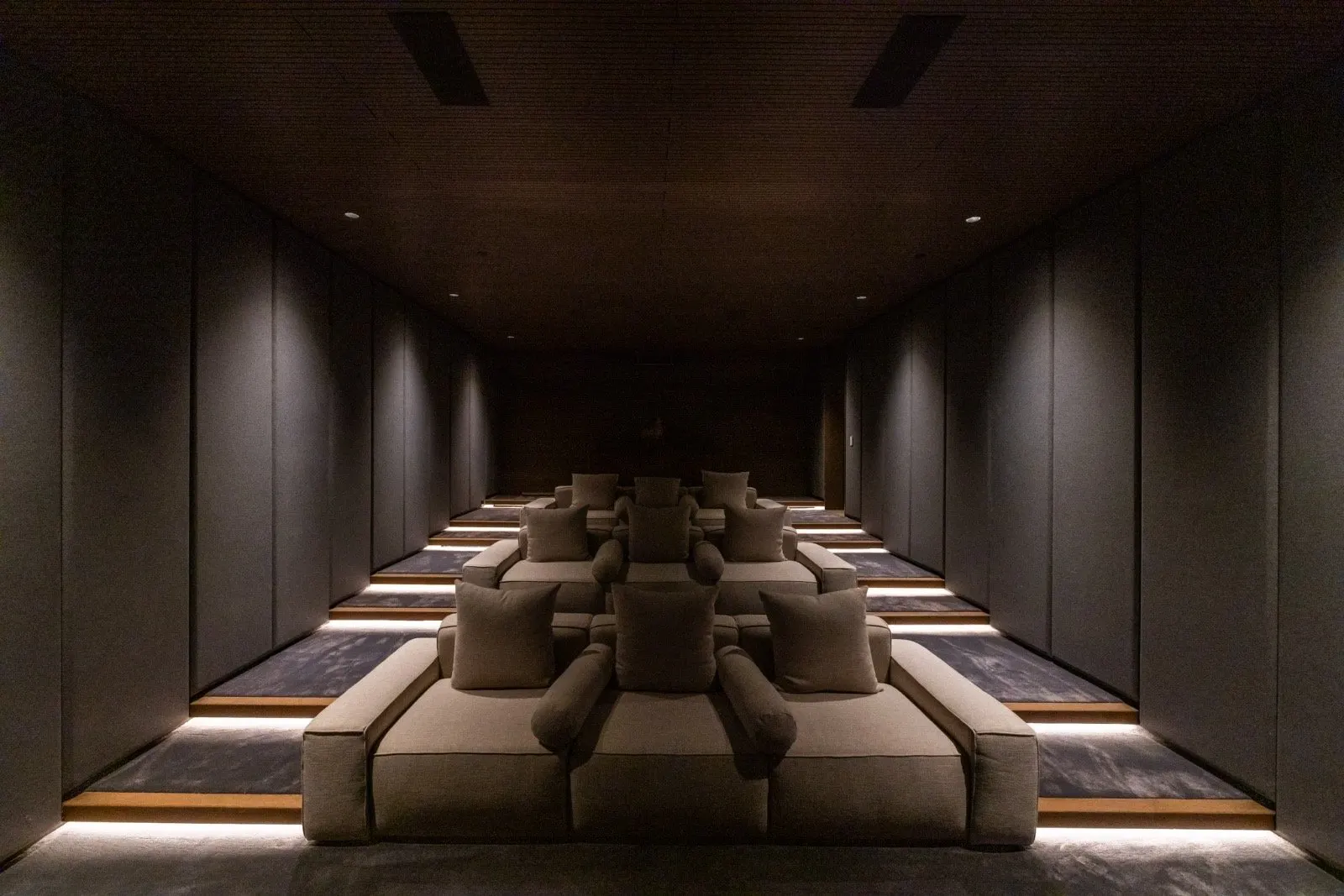 The Getty House — 684Firth Brentwood CA LA Home Theater Tiered Seating Acoustic Walls Sound Panel Wood Ceiling  Modern Home