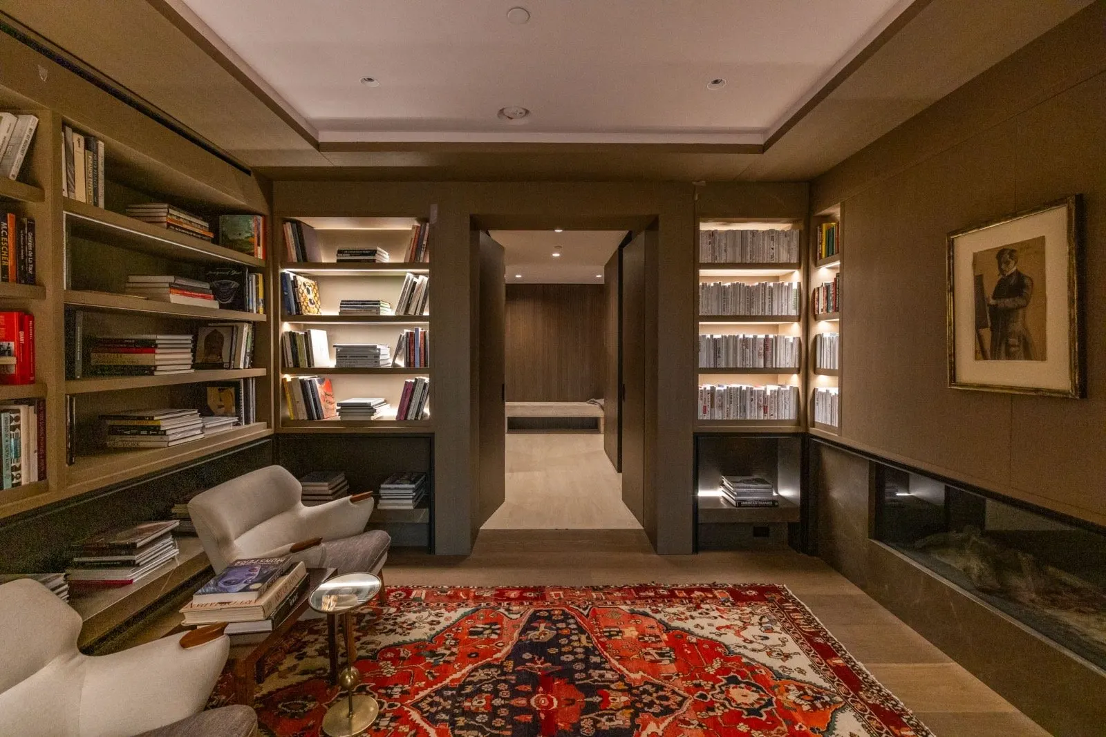 The Getty House — 684Firth Brentwood CA LA Library Reading Room Built in Bookcases Turkish Rug Modern Fireplace  Modern Home