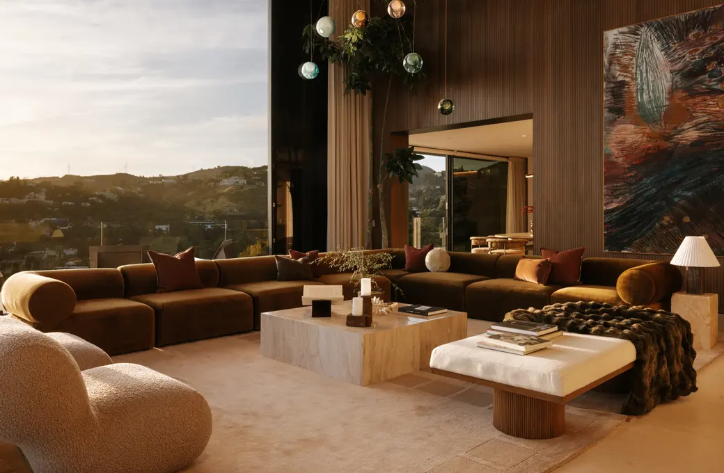 The Getty House double-height great room at golden hour
