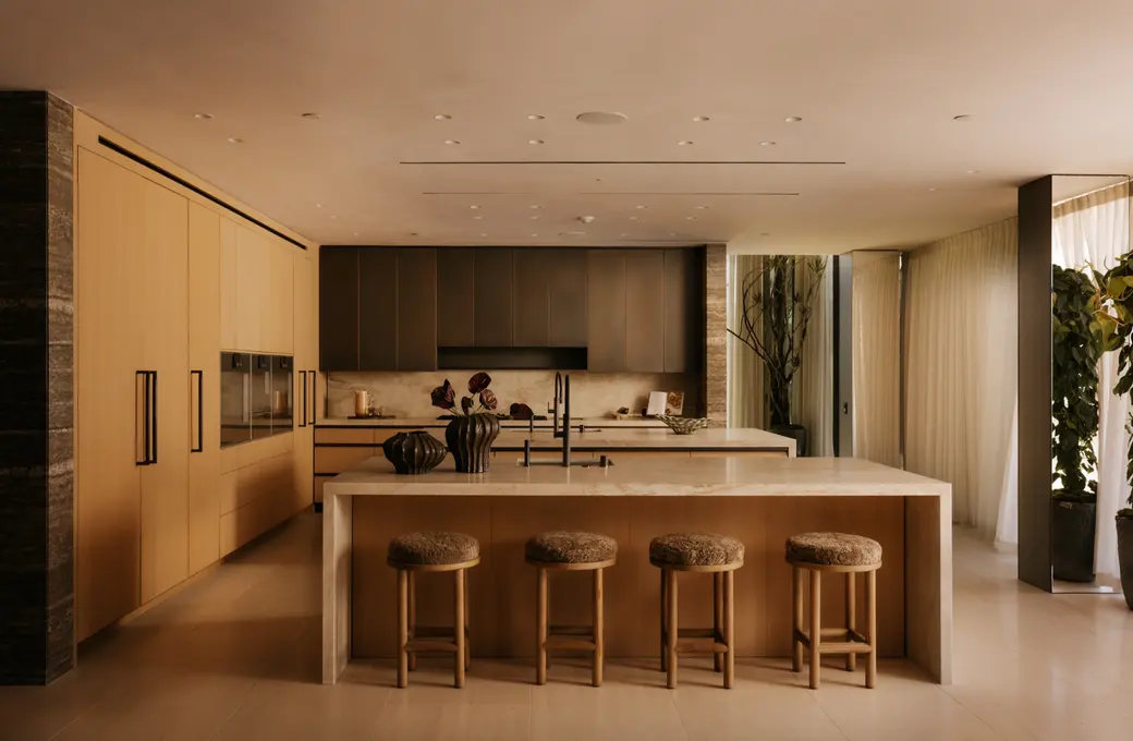 The Getty House kitchen with stone island and white oak cabinetry