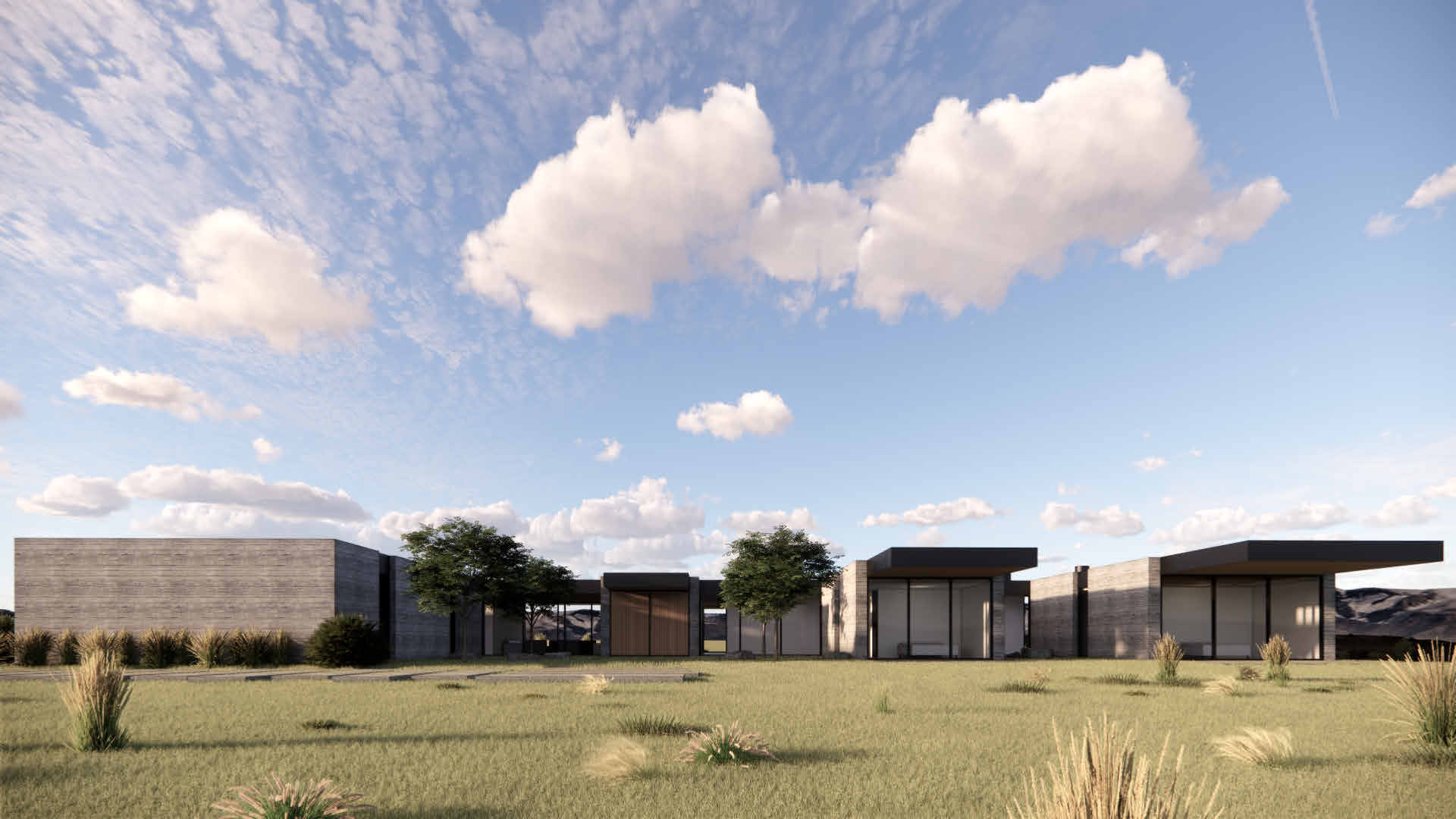 Crown H — long meadow approach, board-form concrete residence, Star Valley, Idaho