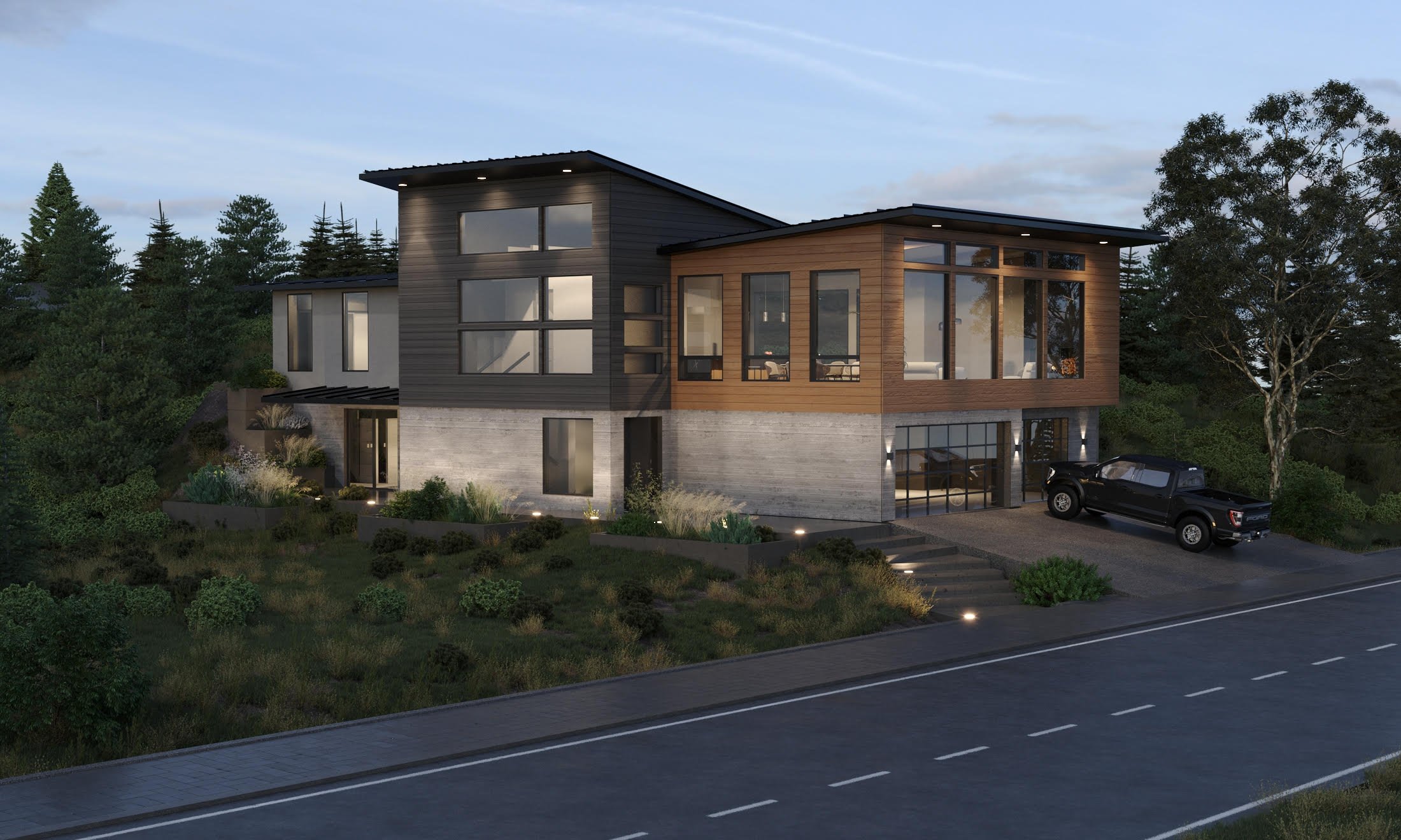 Benloch Ranch Lot 66 — exterior front facade, stone and wood siding, modern shed roof