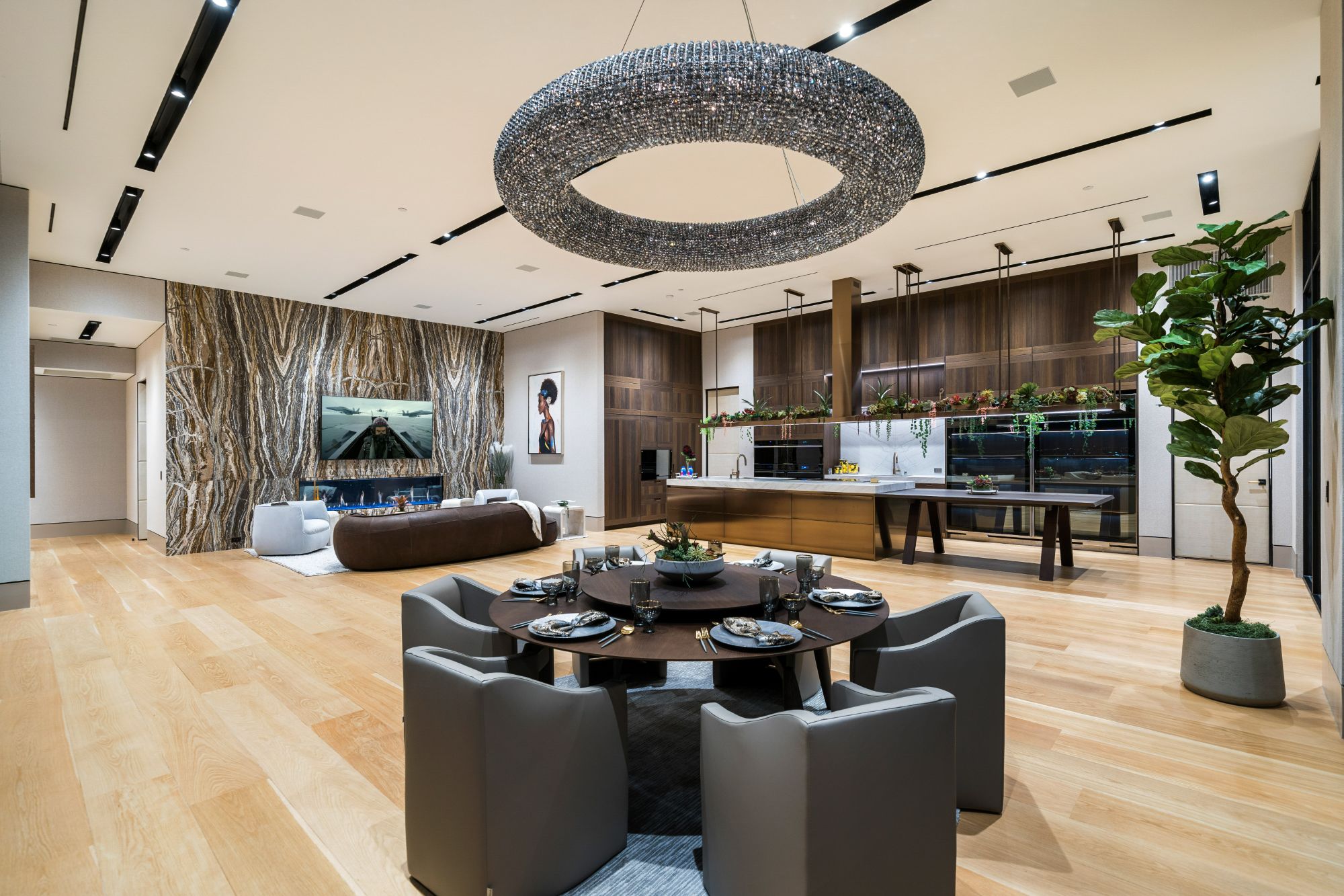 Flicker Estate — family room under the ring chandelier