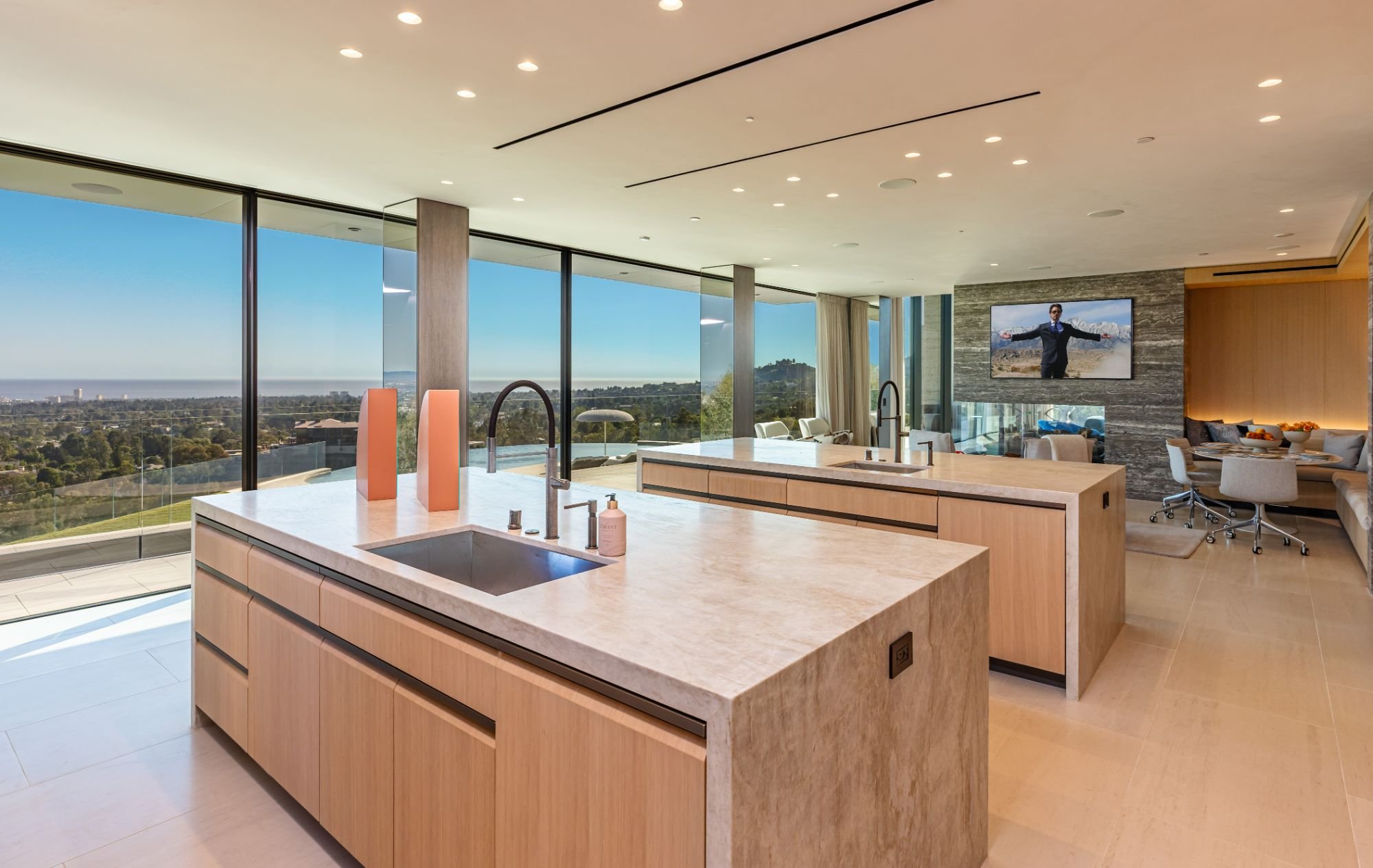 The Getty House — 684Firth Brentwood CA LA Kitchen Dual Islands Wood Cabinetry Stone Countertops Ocean View  Modern Home