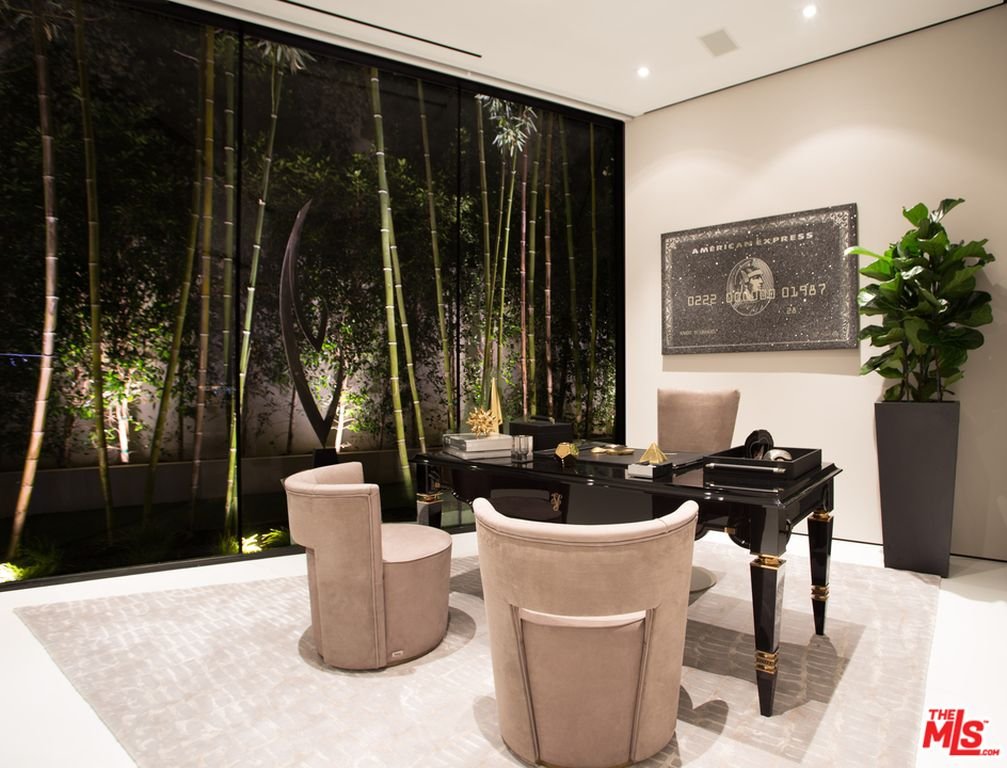 Thrasher Ave — office with glass wall to the illuminated bamboo garden
