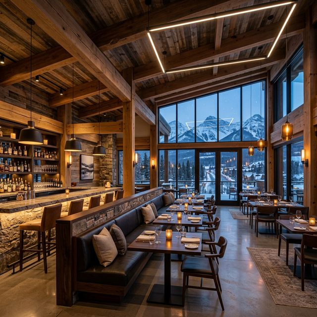 Upscale mountain restaurant interior with timber beams