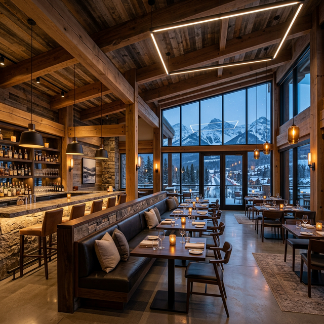Upscale mountain restaurant interior with timber beams and mountain views