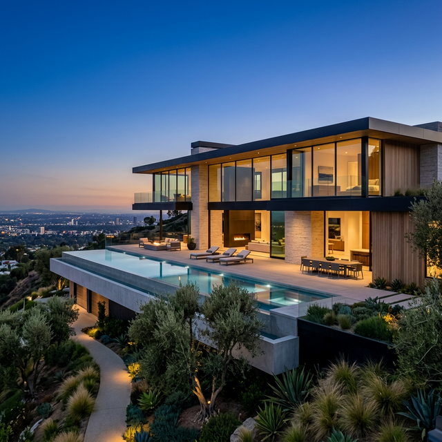 Ultra-luxury hillside estate at twilight with infinity pool and city views