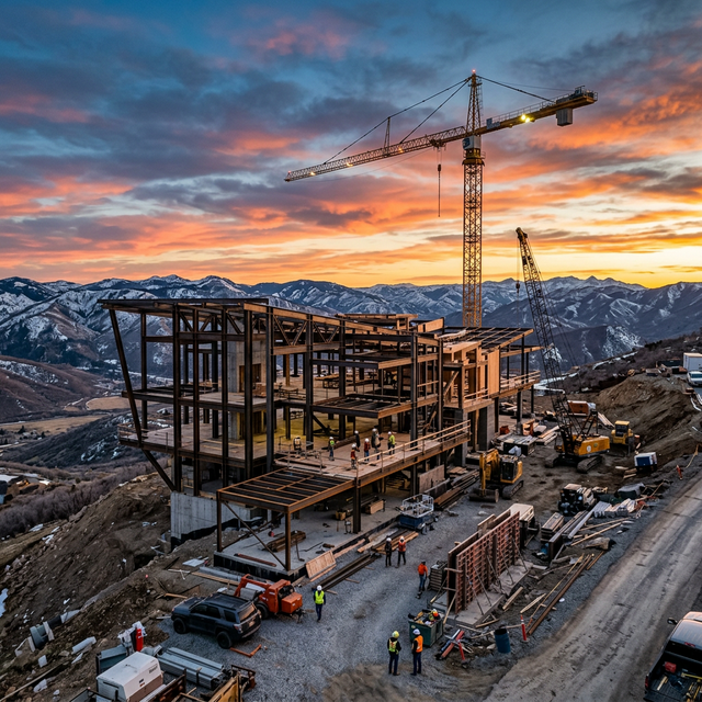 Luxury home under construction at sunset in Utah mountains
